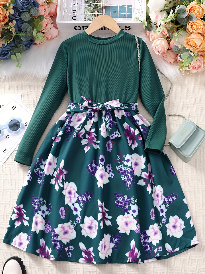 Girls Long Sleeves Round Neck Flowers Splicing Belted Dress For Party Kids Spring Clothes