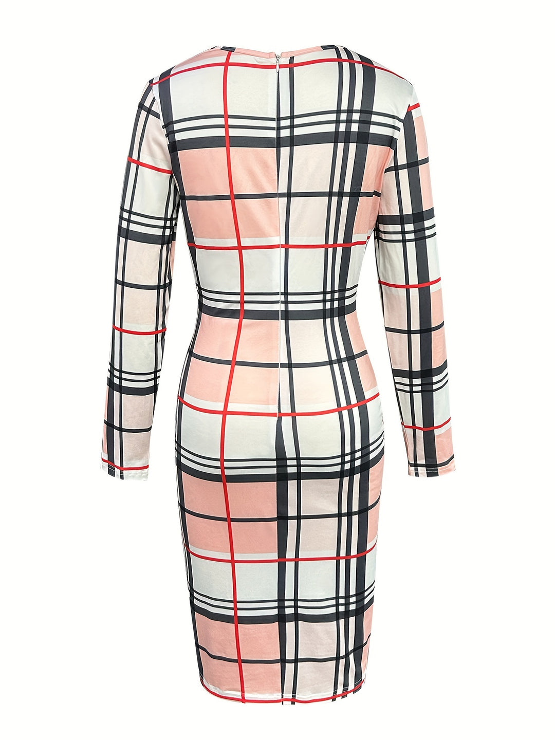 Plaid Print Bodycon Dress, Sexy Surplice Neck Long Sleeve Dress, Women's Clothing