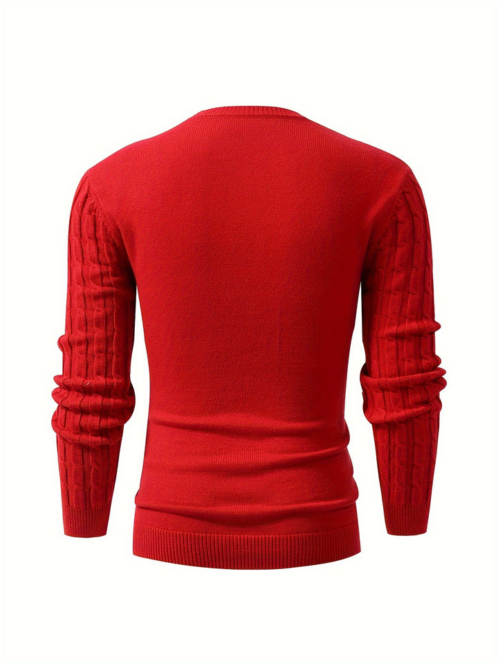 Men's Stylish Solid Knitted Pullover, Casual Breathable Long Sleeve Button Up Crew Neck Top For City Walk Street Hanging Outdoor Activities