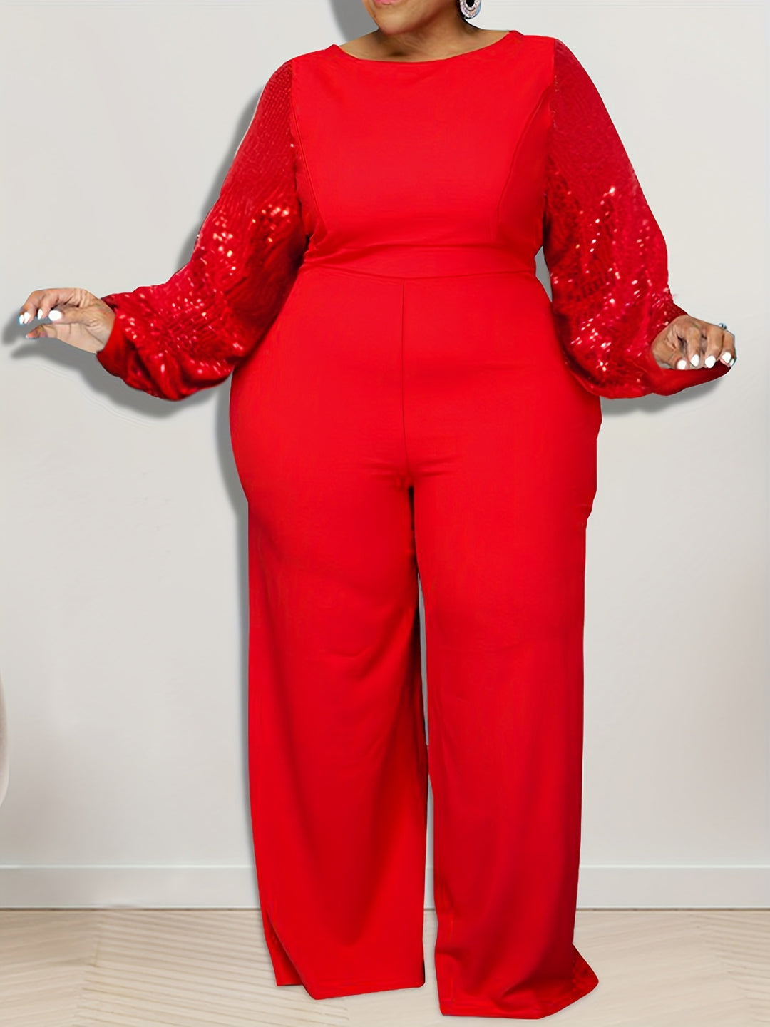 Plus Size Contrast Sequin Long Sleeve Wide Leg Jumpsuit, Women's Plus High Stretch Elegant Party Jumpsuit