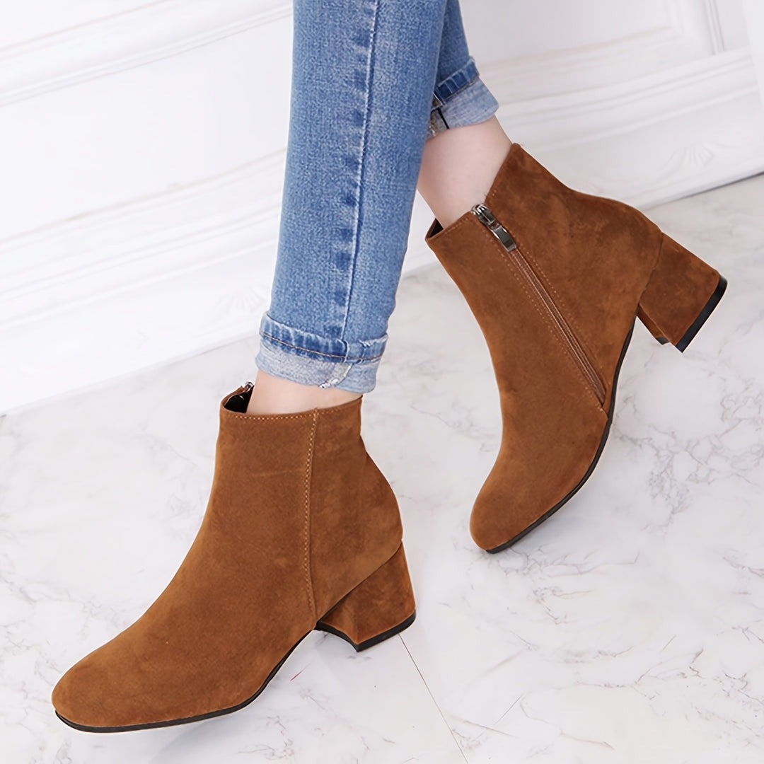 Women's Solid Color Block Heeled Ankle Boots, Side Zipper Short Boots, Women's Footwear