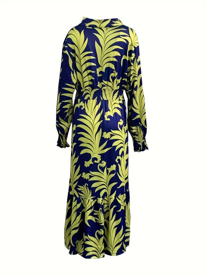Plus Size Plant Print Dress, Elegant V Neck Shirred Waist Long Sleeve Dress, Women's Plus Size Clothing