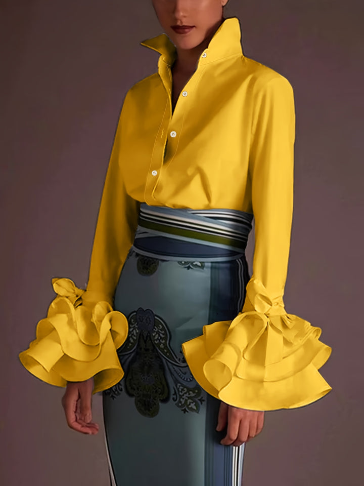 Plus Size Elegant Blouse, Women's Plus Solid Button Up Layered Sleeve Turn Down Collar Blouse