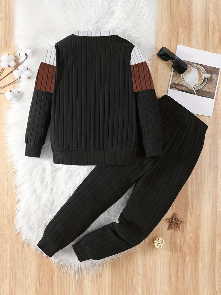 2pcs Boy's Color Clash Crew Neck Outfit, Ribbed Long Sleeve Top & Pants Set, Kid's Clothes For Spring Fall Winter, As Gift