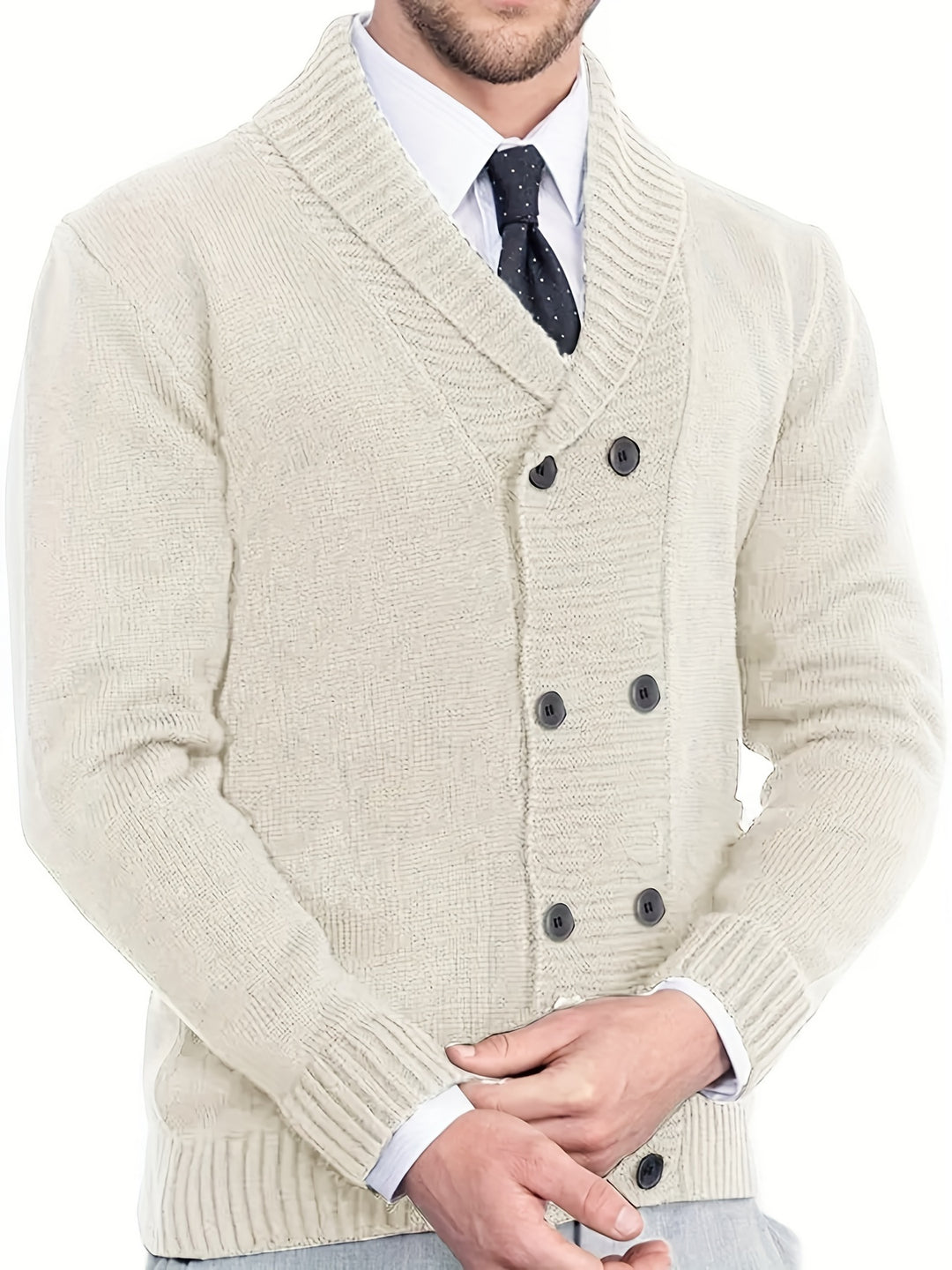 Men's Shawl Collar Cardigan Double Breasted Sweater, Plain Regular Fit Casual Knitted Sweater