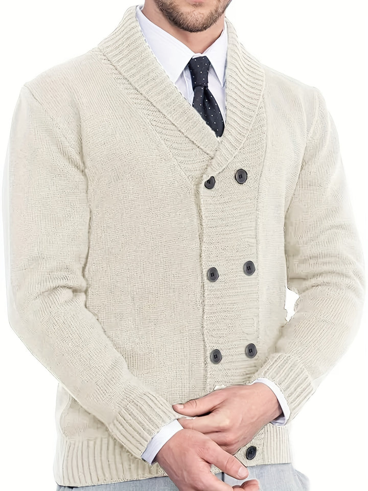 Men's Shawl Collar Cardigan Double Breasted Sweater, Plain Regular Fit Casual Knitted Sweater