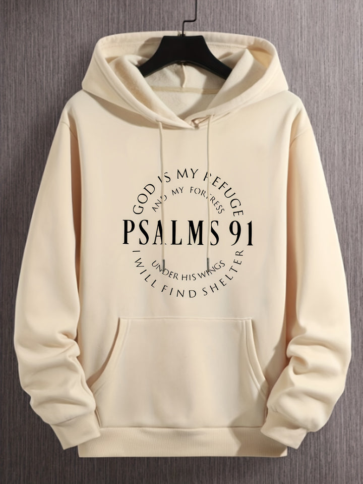 PSALMS 91 Print Hoodies For Men, Graphic Hoodie With Kangaroo Pocket, Comfy Loose Drawstring Trendy Hooded Pullover, Mens Clothing For Autumn Winter