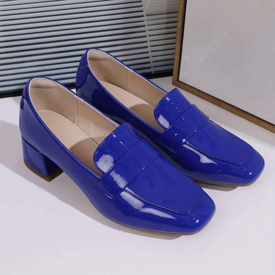 Women's Chunky Heeled Loafers, Solid Color Square Toe Patent Leather Pumps, All-Match Slip On Shoes