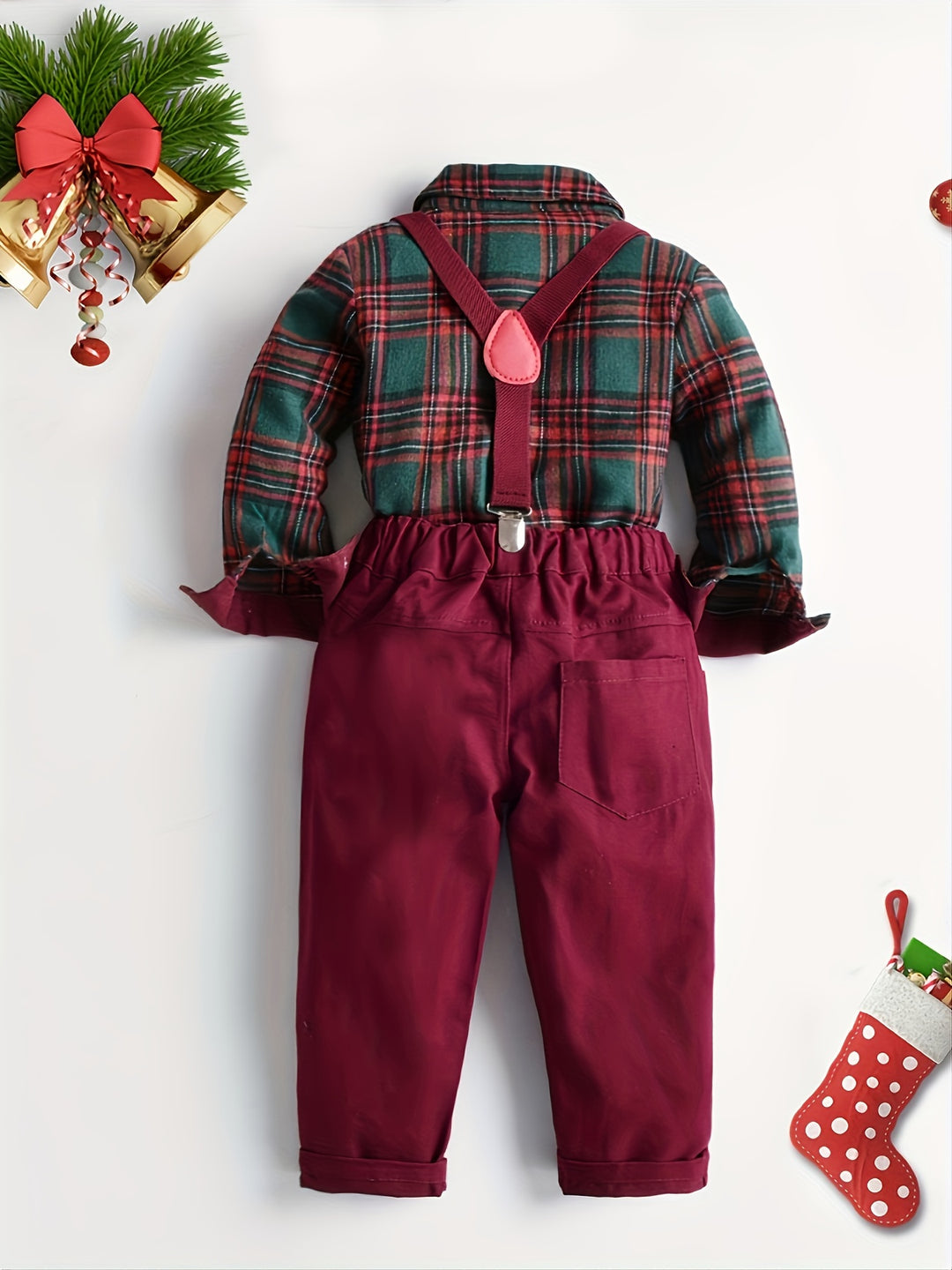 Boy's Christmas Style Gentleman Outfit, Plaid Pattern Bowtie Shirt & Vest & Overalls Set, Formal Wear For Speech Performance Birthday Party, Kid's Clothes For Spring Fall Winter