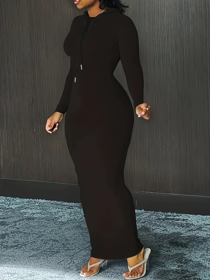 Stylish Plus Size Maxi Dress for Women, Long Sleeve Hooded Drawstring Dress