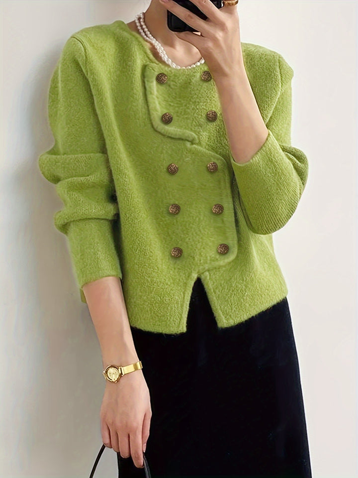 Solid Double Breasted Knit Cardigan, Elegant Long Sleeve Asymmetrical Sweater, Women's Clothing