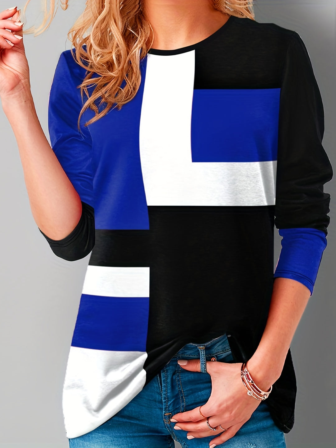Plus Size Casual T-shirt, Women's Plus Colorblock Long Sleeve Round Neck Medium Stretch Tee