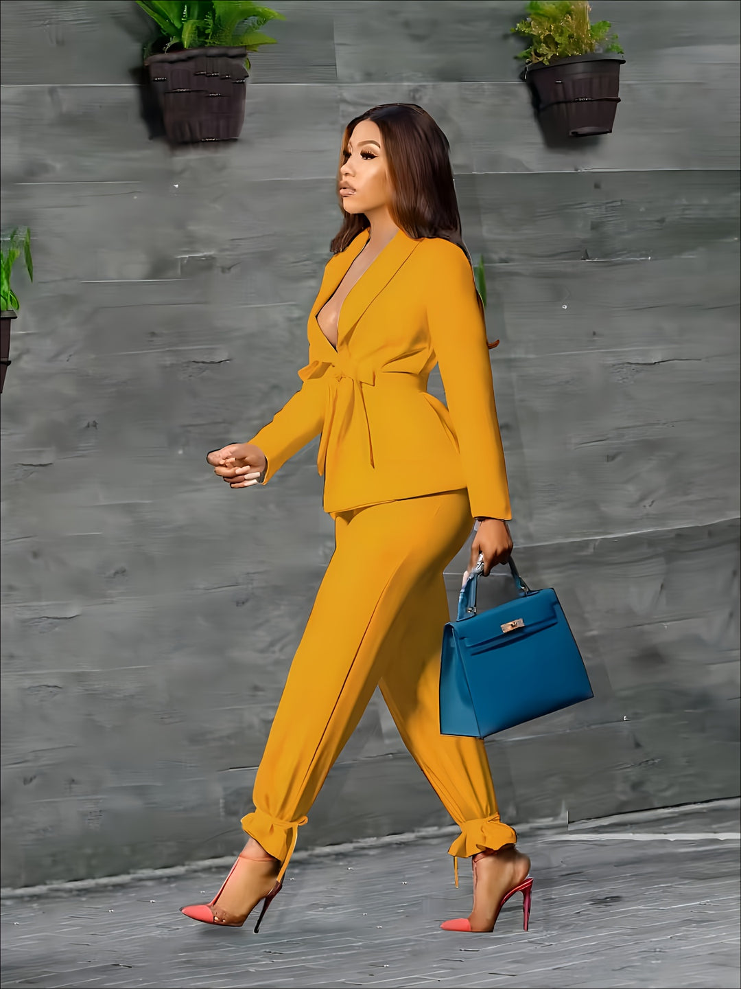 Plus Size Casual Outfits Set, Women's Plus Solid Long Sleeve Cardigan With Belt & Tapered Leg Pants Outfits 2 Piece Set