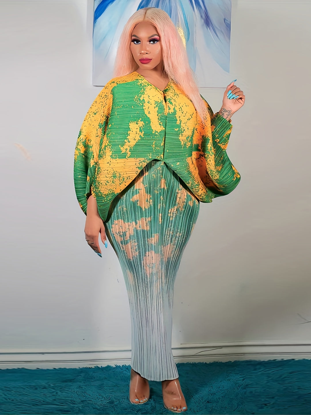 Color Block Batwing Sleeve Dress, Casual V Neck Bodycon Maxi Dress, Women's Clothing