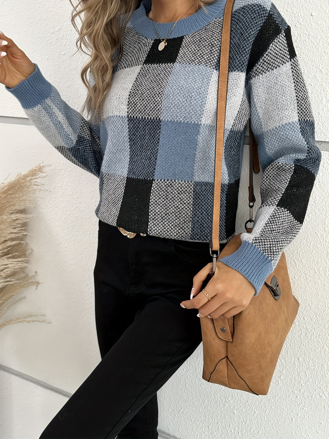 Plaid Pattern Crew Neck Pullover Sweater, Casual Long Sleeve Sweater For Fall & Winter, Women's Clothing