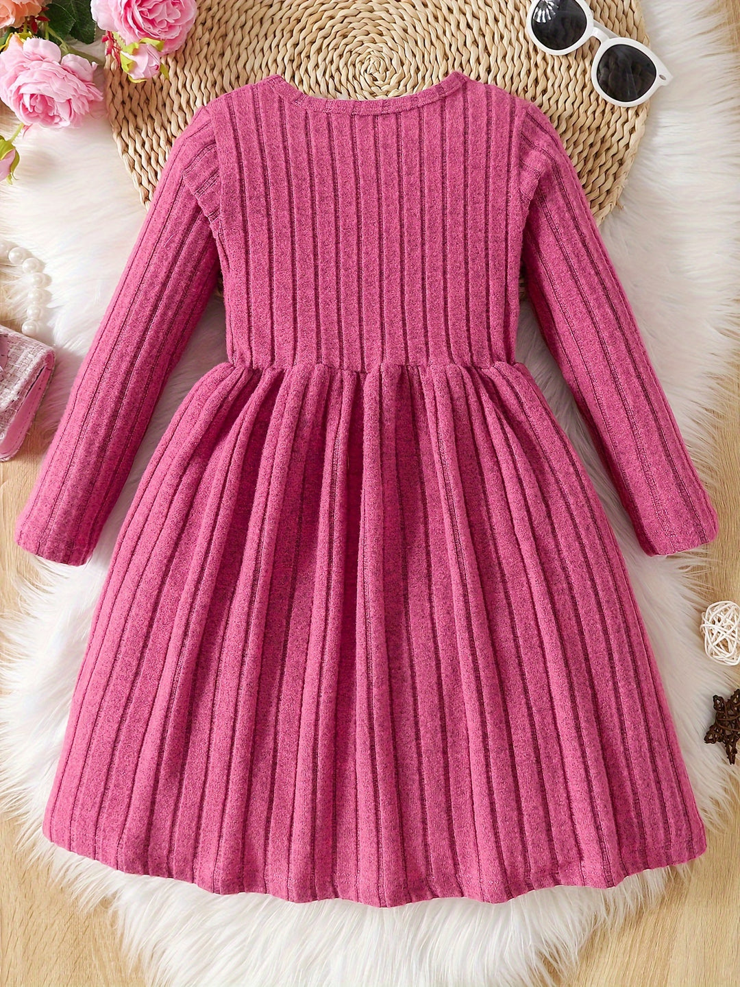 Girls Solid Color Dress Simple And Versatile Round Neck Long Sleeve Dress