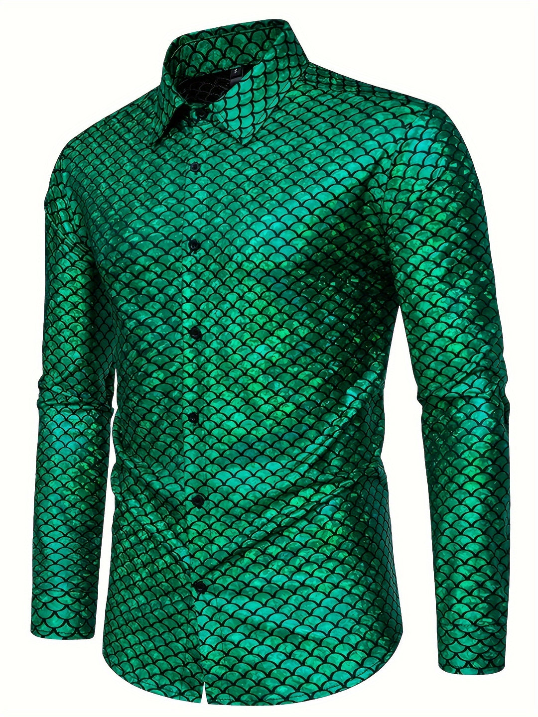 Fish Scales Sequin Men's Trendy Long Sleeve Button Up Shirt, Spring Fall, Party Dress