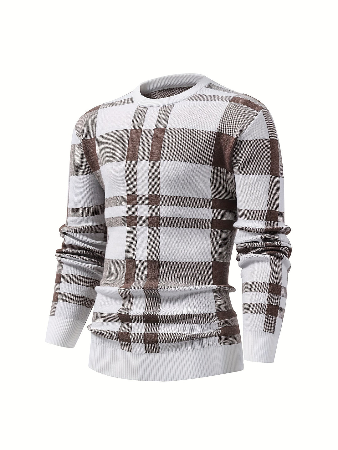 Classic Checkered Knitted Cable Sweater, Men's Casual Warm High Stretch Crew Neck Pullover Sweater For Men Fall Winter