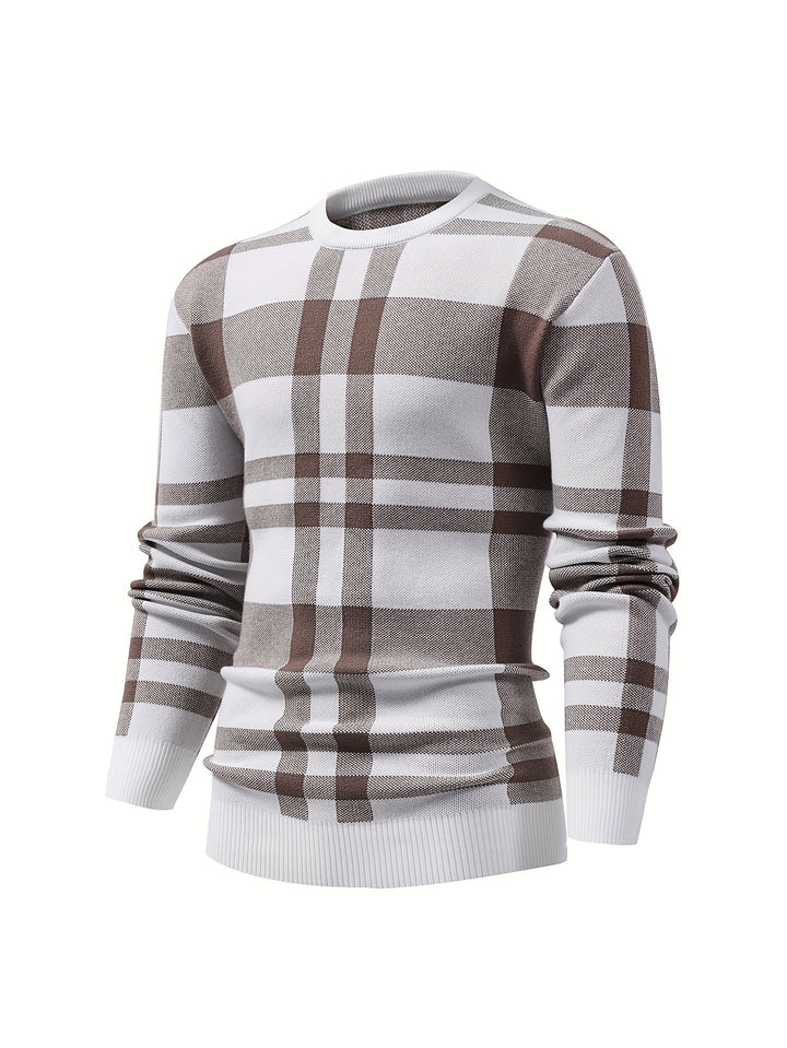 Classic Checkered Knitted Cable Sweater, Men's Casual Warm High Stretch Crew Neck Pullover Sweater For Men Fall Winter