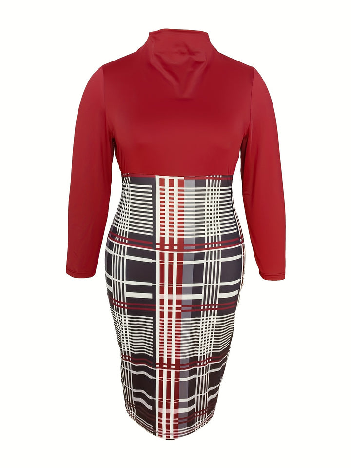 Plus Size Elegant Dress, Women's Plus Colorblock Plaid Print Long Sleeve Mock Neck Bodycon Midi Dress