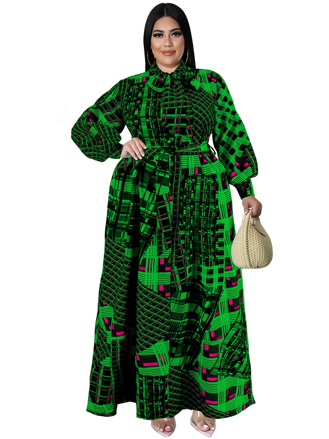 Elegant Plus Size Maxi Dress with Graphic Print and Lantern Sleeves, Perfect for All Seasons