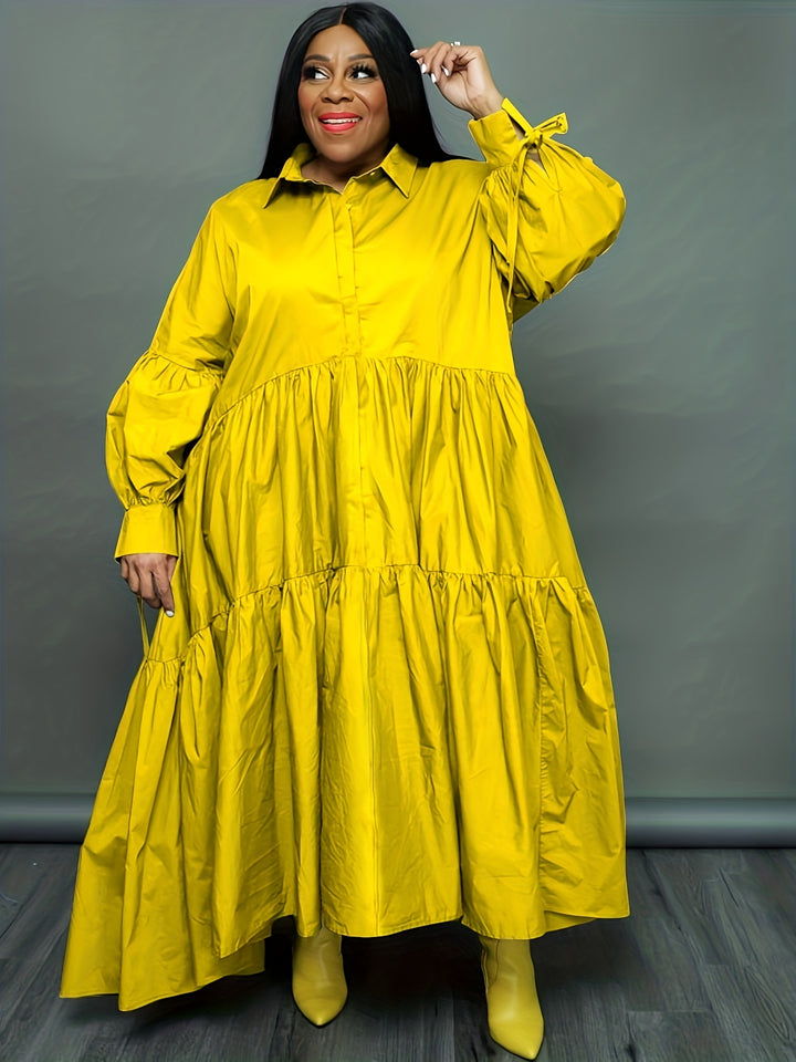 Plus Size Elegant Dress, Women's Plus Solid Tie Lantern Sleeve Ruffle Trim Polo Neck Loose Smock Dress