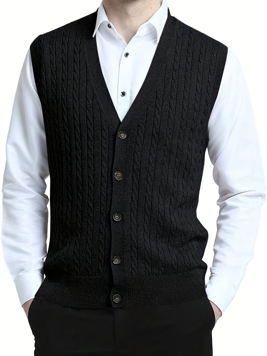 Elegant High Stretch Knit Cable Cardigan Vest, Men's Casual Vintage Style V Neck Button Up Cardigan Vest For Fall Winter