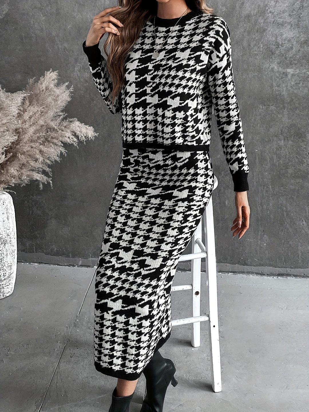 Houndstooth Pattern Knit Two-piece Set, Casual Long Sleeve Sweater & Bodycon Midi Skirt Outfits, Women's Clothing