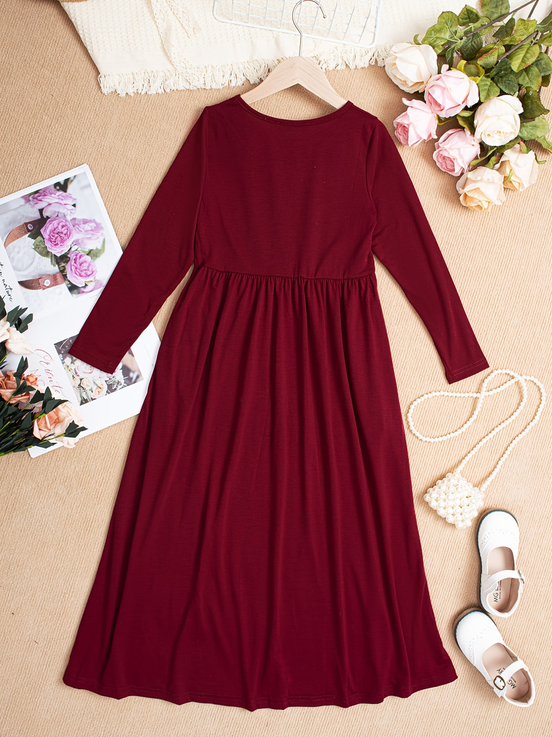 Solid Long Sleeve Pockets Maxi Dress For Girls Comfy Fit Kids Elegant Casual Dresses For Spring/ Fall