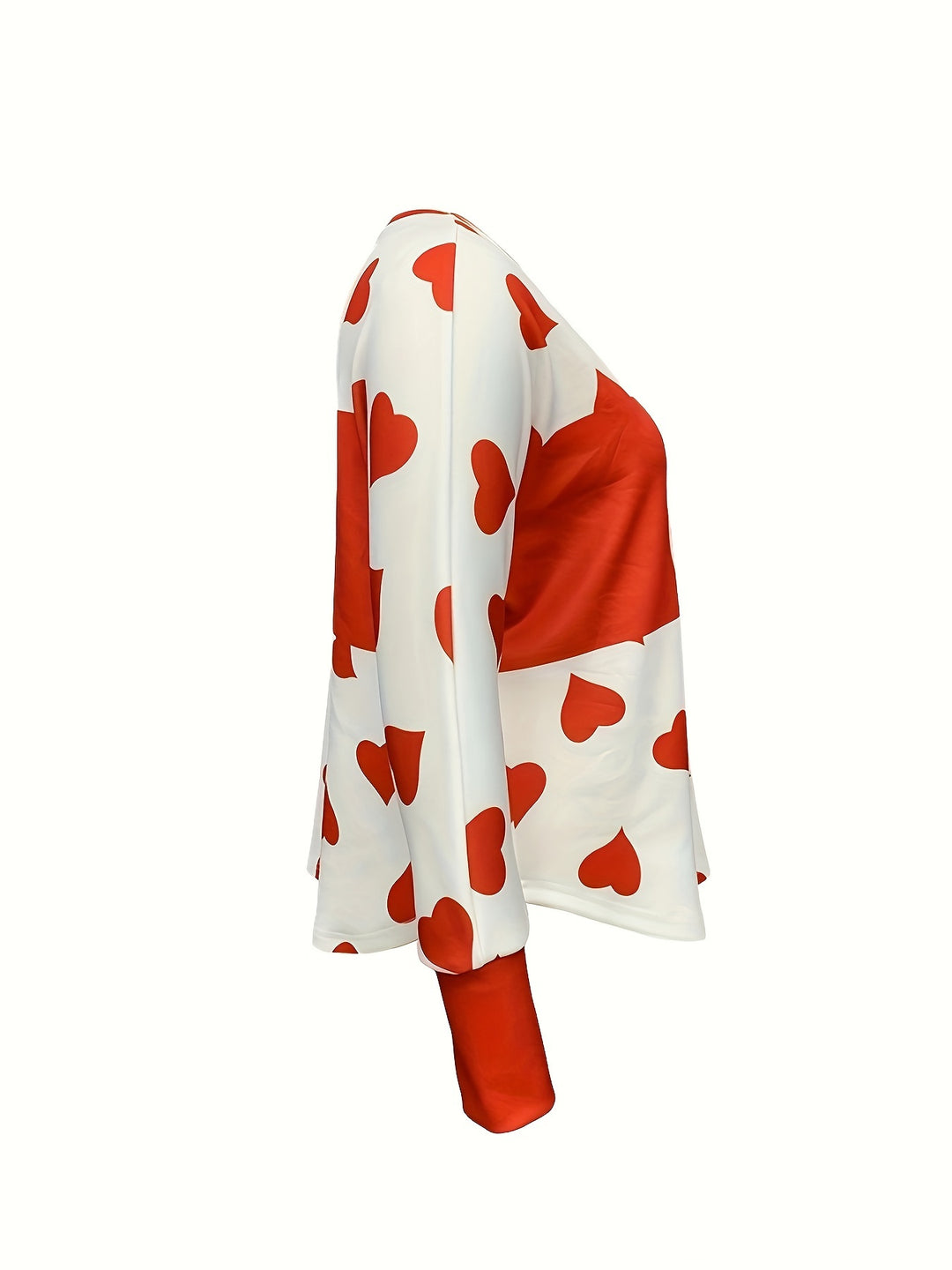 Plus Size Heart Print T-Shirt, Valentine's Day V Neck Long Sleeve T-Shirt, Women's Plus Size Clothing