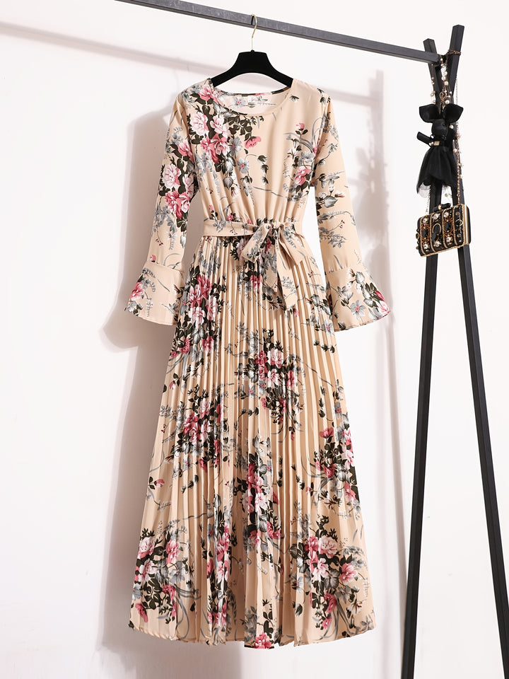 Floral Print Maxi Dress - Elegant Pleated Design for Women