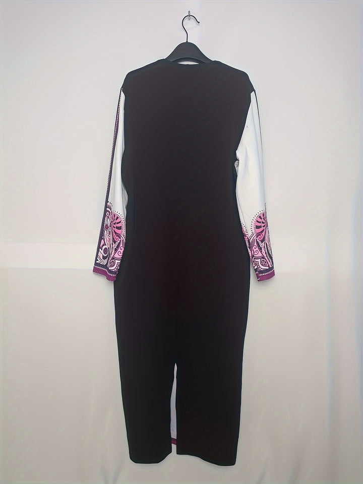 Plus Size Boho Dress, Women's Plus Cross & Paisley Print Long Sleeve Notched Neck Slight Stretch Maxi Slim Fit Dress