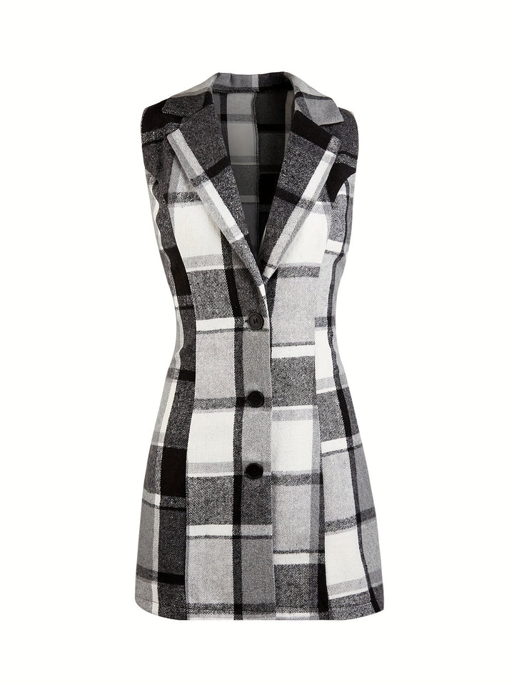 Plaid Sleeveless Lapel Blazer, Casual Single Breasted Outerwear, Women's Clothing