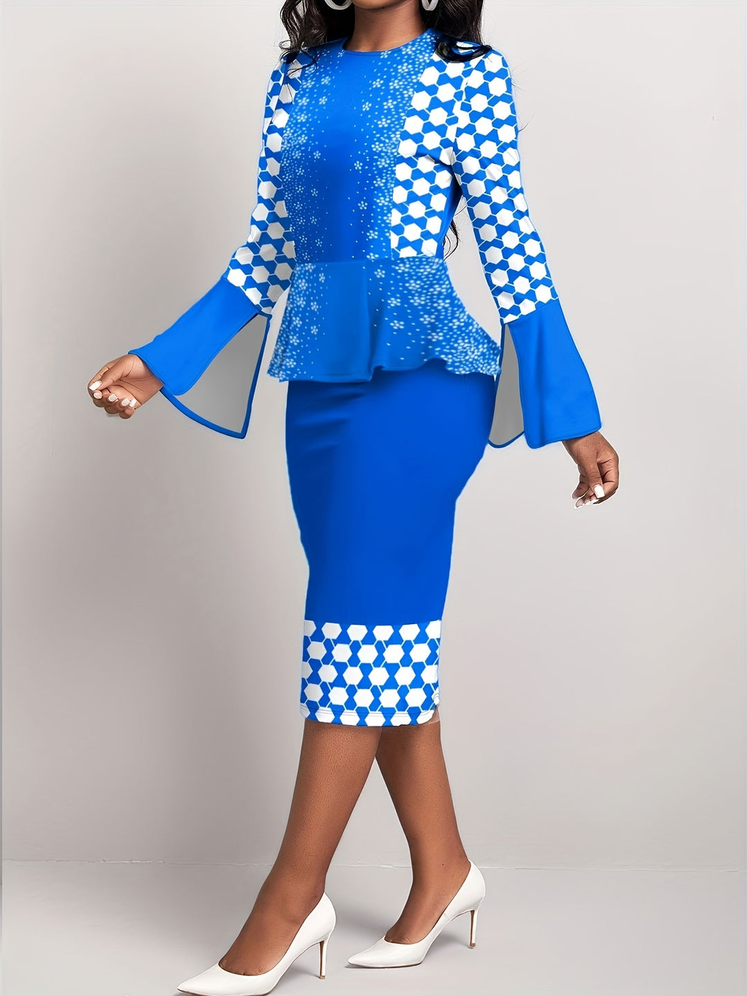 Plus Size Elegant Dress, Women's Plus Colorblock Geometric Print Round Neck Split Bell Sleeve Layered Midi Slim Fit Dress