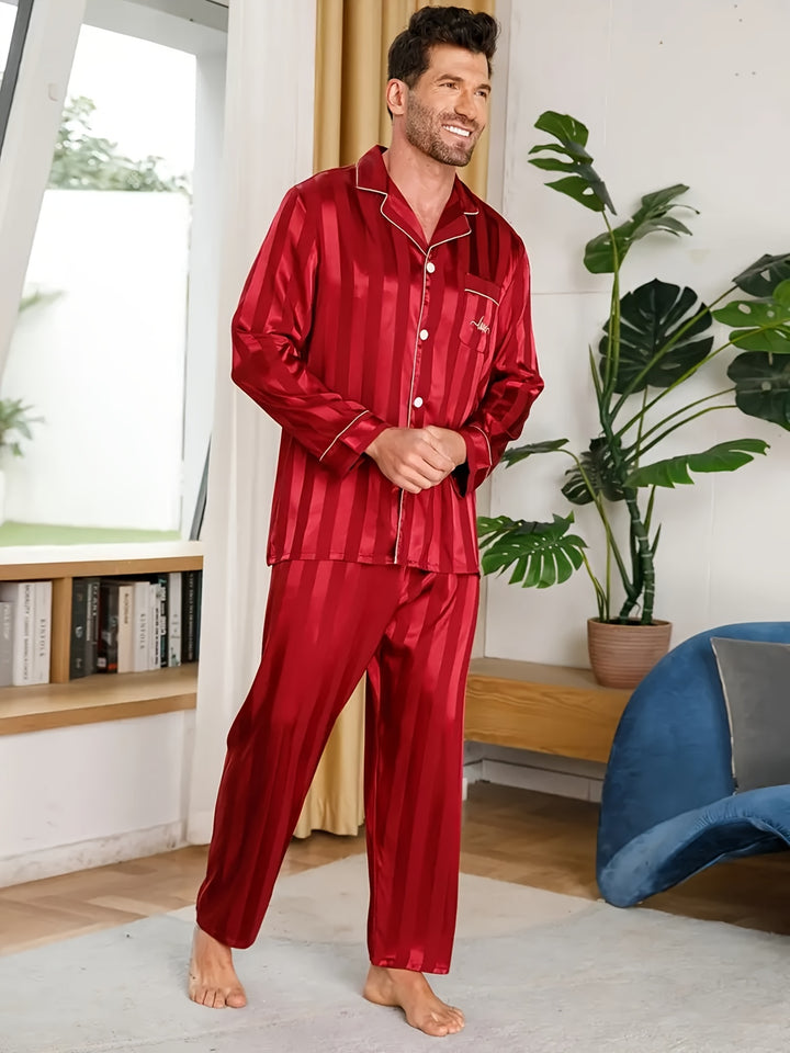 Men's Love Stripe Pattern Long Sleeve Ice Silk Pajamas Set, Button Down Pocket Shirt Top & Trousers Long Pants, Simple Casual Loungewear Set For Spring Autumn Outdoor Home Wear, Two-piece Men's Outfits