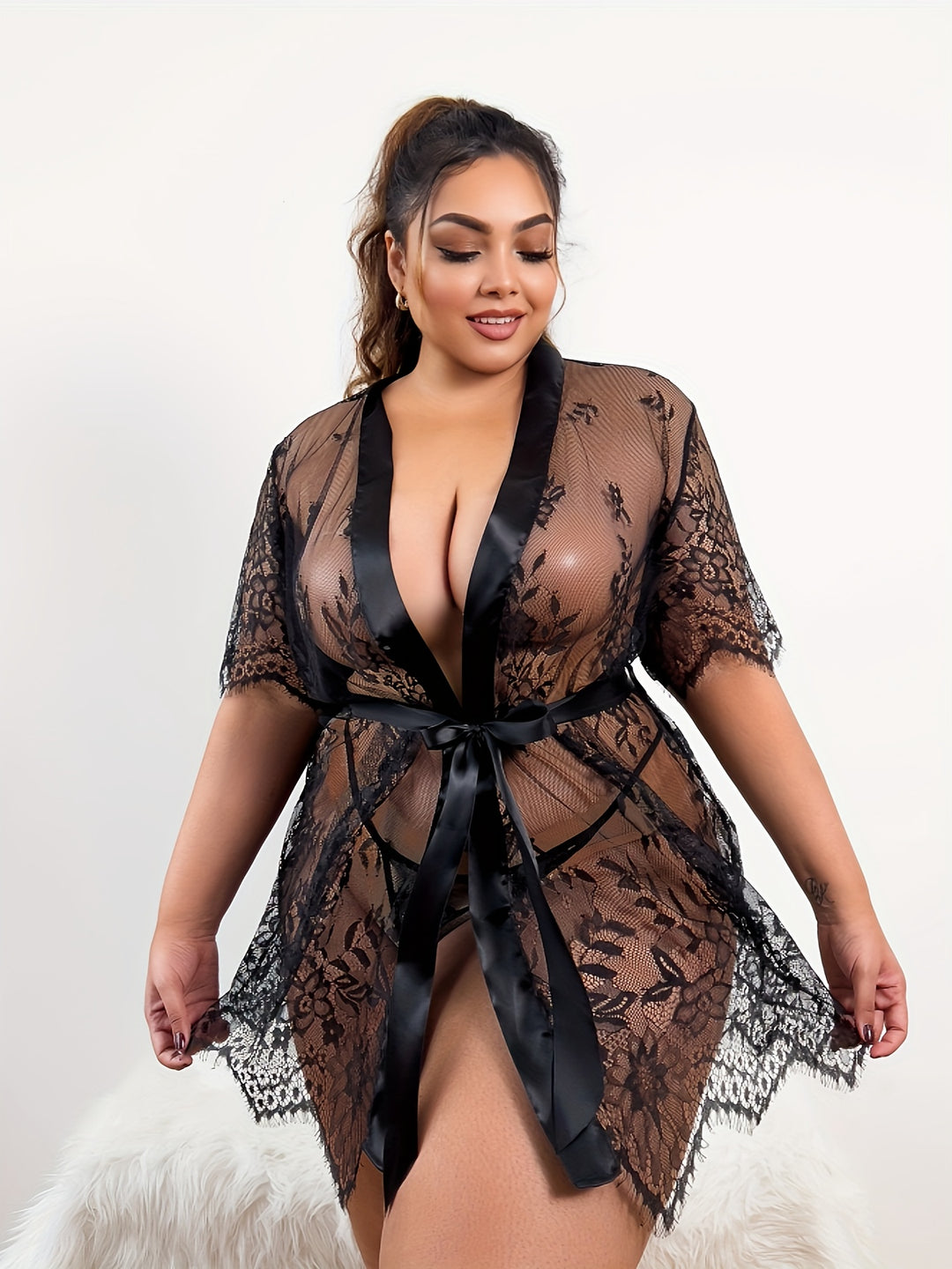Plus Size Sexy Lingerie Robe Set, Women's Plus Eyelash Lace Satin Trim Open Front Belted Robe & Thong Lingerie 2 Piece Set