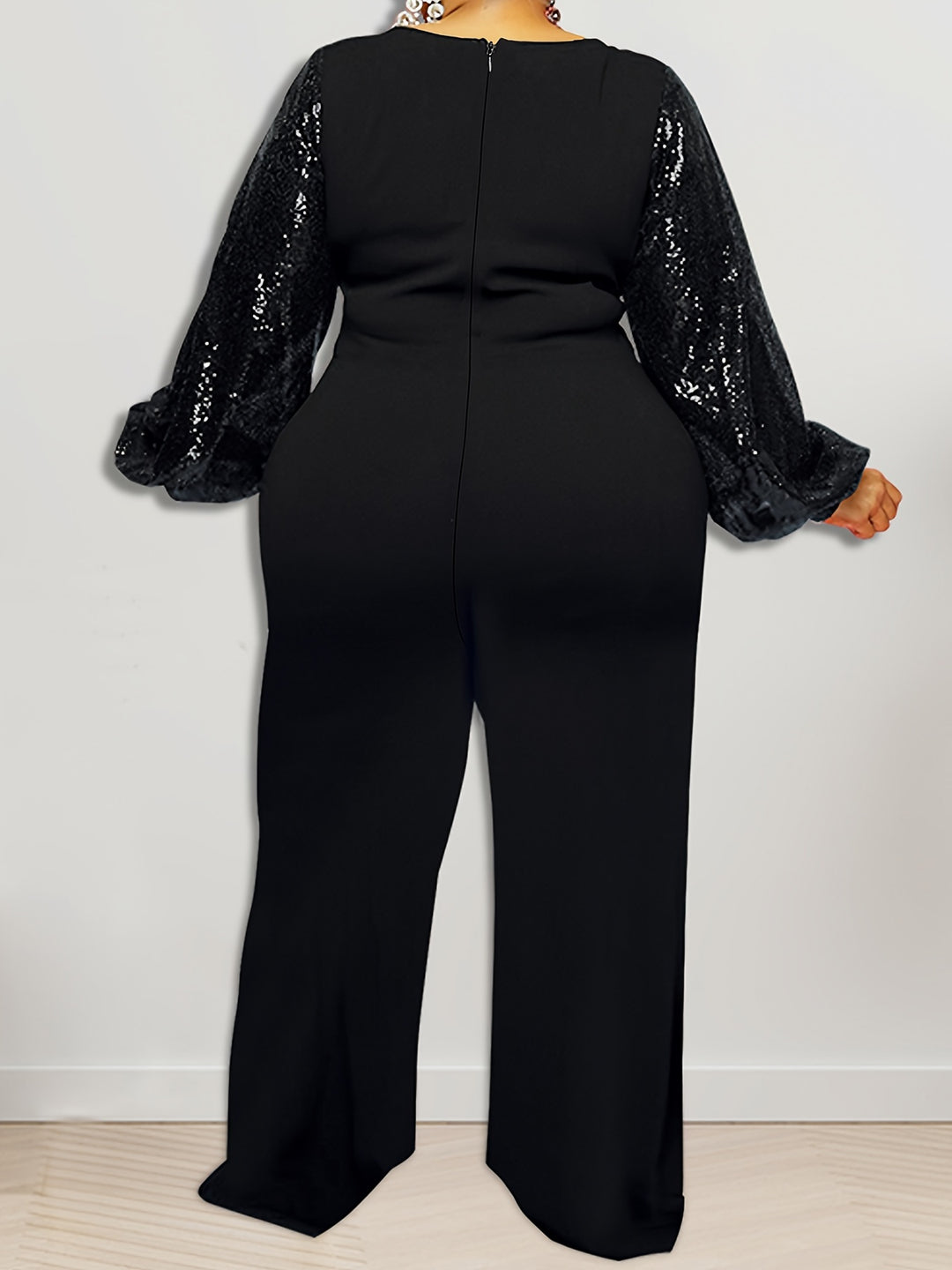 Plus Size Contrast Sequin Long Sleeve Wide Leg Jumpsuit, Women's Plus High Stretch Elegant Party Jumpsuit