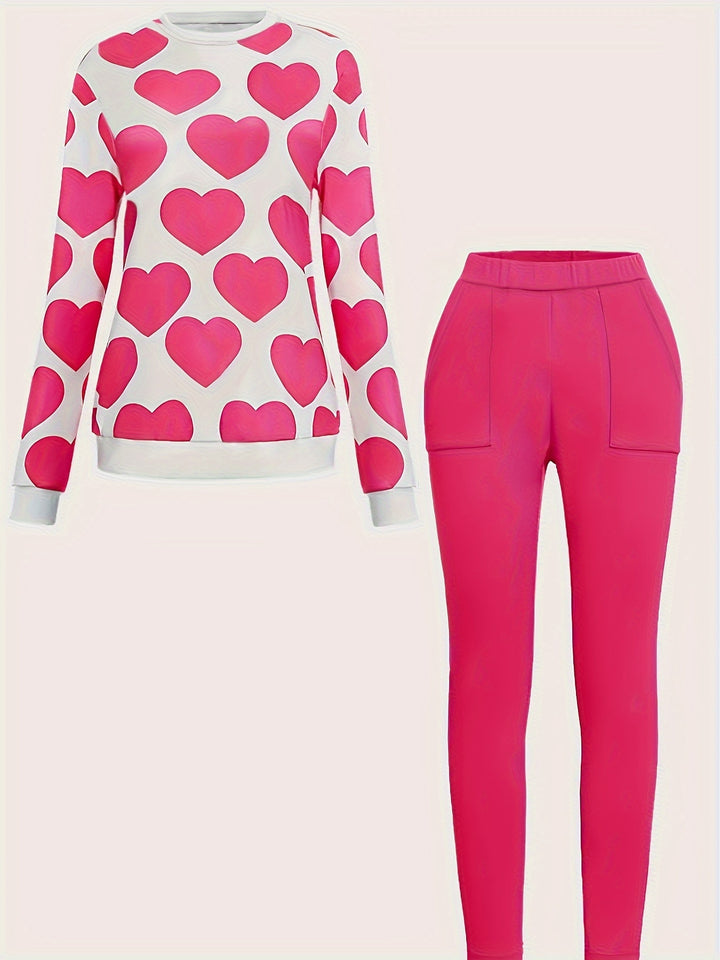 Casual Knitting Two-piece Pants Set, Long Sleeve Heart Print Top & Skinny Slant Pockets Pants Outfits, Women's Clothing