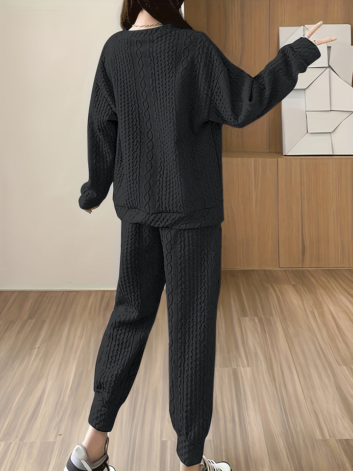 Textured Two-piece Set, Casual Long Sleeve Sweatshirt & Dual Pockets Pants Outfits, Women's Clothing