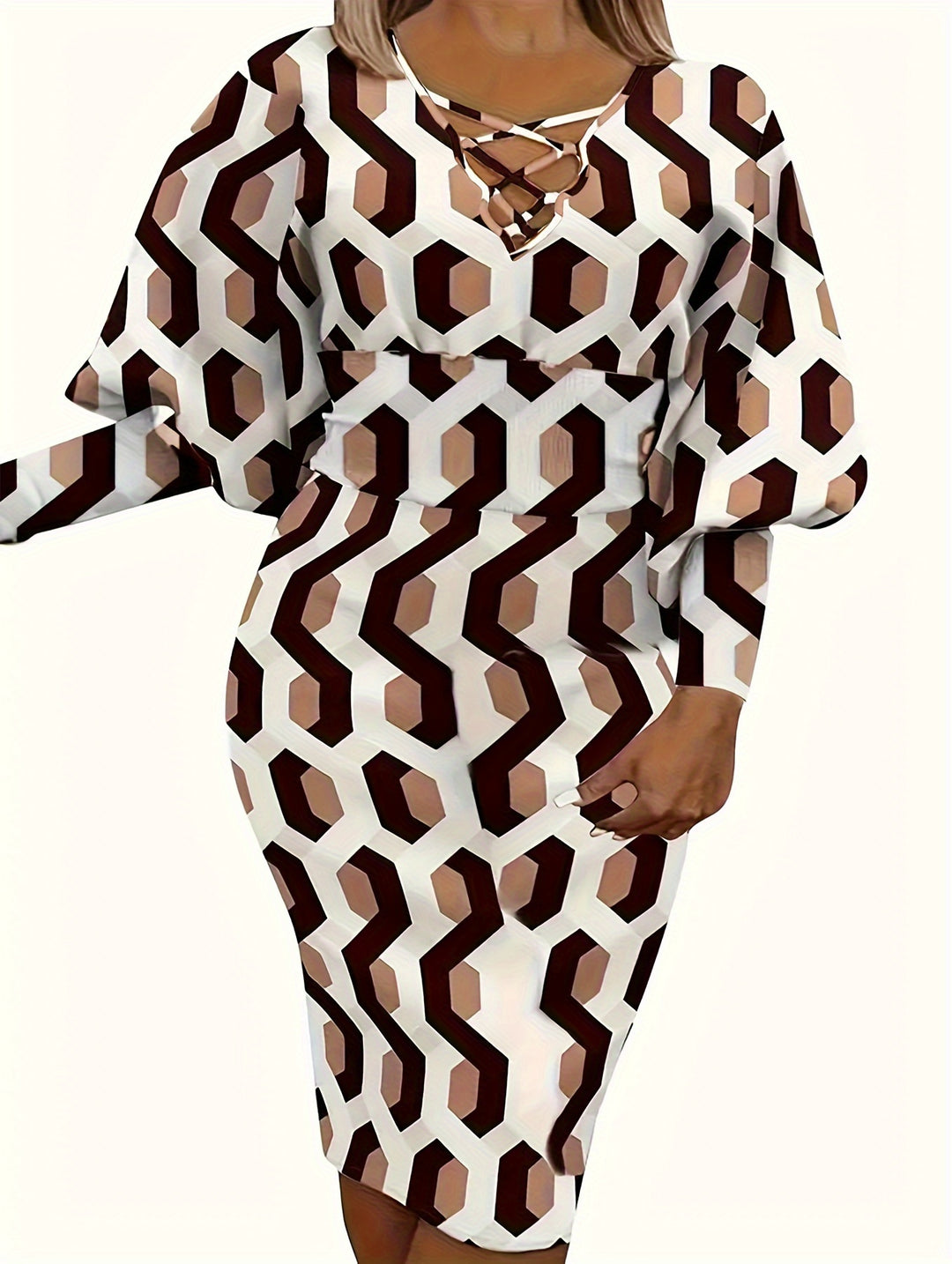 Stylish Plus Size Dress for Women: Colorblock Puff Sleeve Lace Up V Neck Bodycon Dress