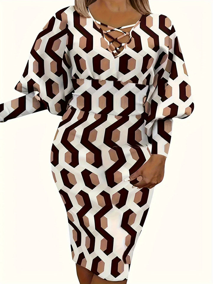 Stylish Plus Size Dress for Women: Colorblock Puff Sleeve Lace Up V Neck Bodycon Dress