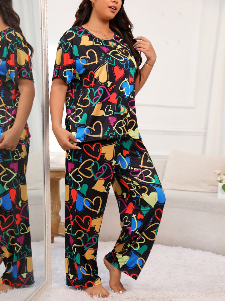 Plus Size Casual Pajamas Set, Women's Plus Colorful Heart Print Short Sleeve Round Neck Tee & Pants Lounge Two Piece Set