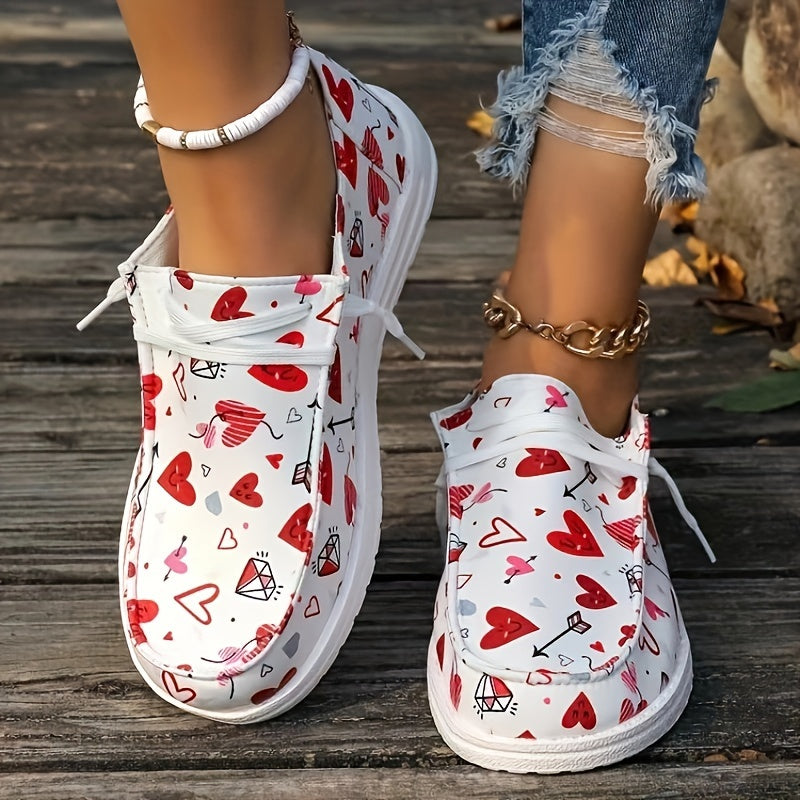 Women's Love Pattern Canvas Shoes, Casual Round Toe Low Top Flat Shoes, Valentine's Day Walking Sneakers