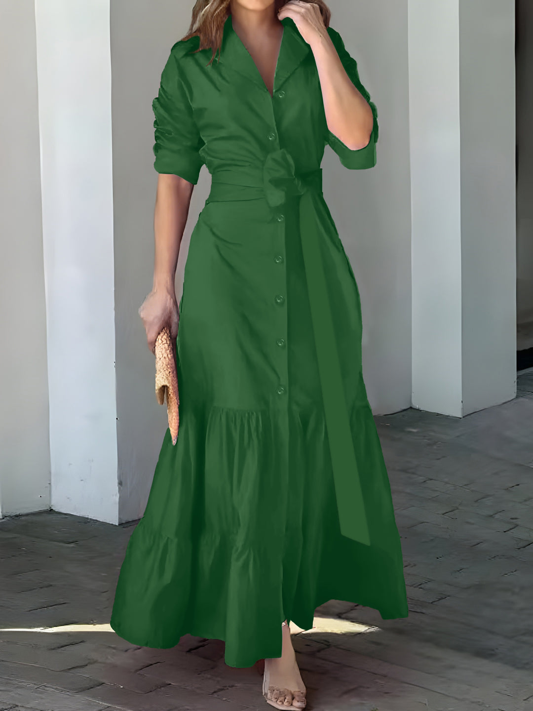 Solid Button Front Belted Dress, Elegant Ruched Sleeve Ruffle Trim Maxi Dress, Women's Clothing