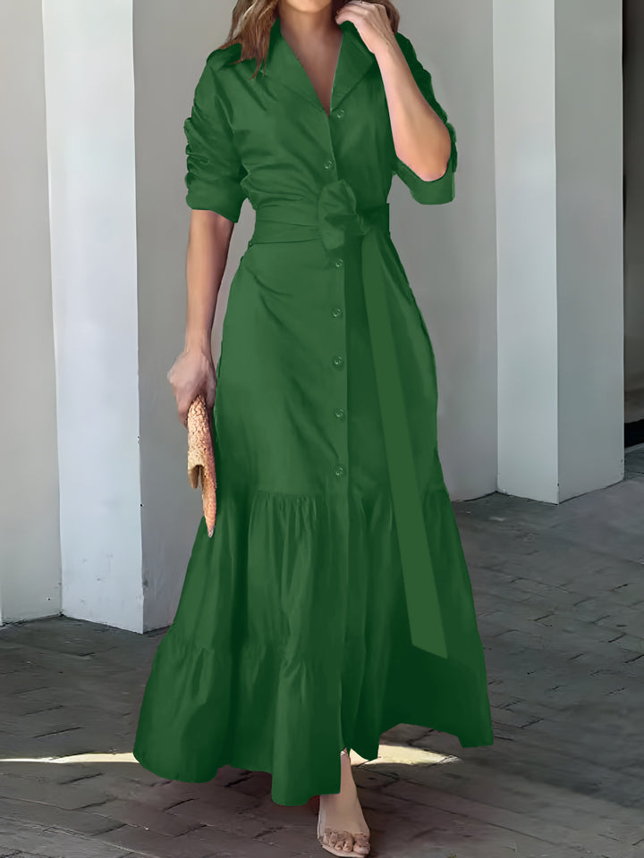 Solid Button Front Belted Dress, Elegant Ruched Sleeve Ruffle Trim Maxi Dress, Women's Clothing
