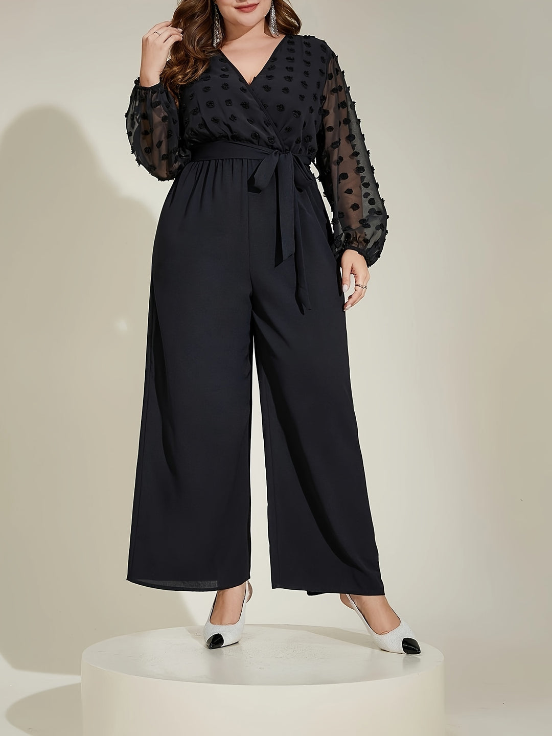 Women's Casual Jumpsuit, Plus Size Solid Contrast Mesh Swiss Dot Long Sleeve Surplice Neck Wide Leg Jumpsuit With Belt