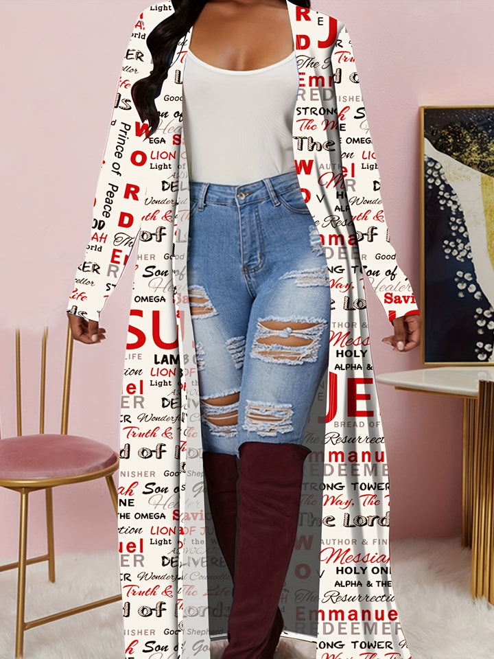 Plus Size Casual Cardigan, Women's Plus Letter Print Long Sleeve Open Front Maxi Cardigan