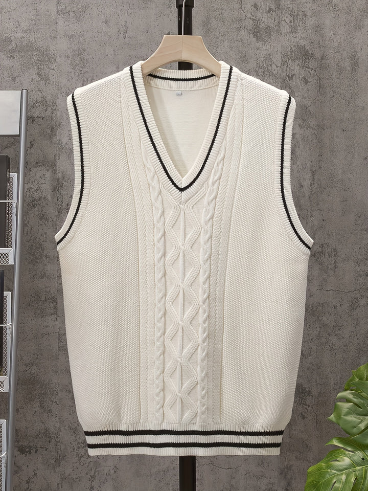 Casual Sleeveless V-Neck Sweaters, Men's Vertical Stripe Knit Vest