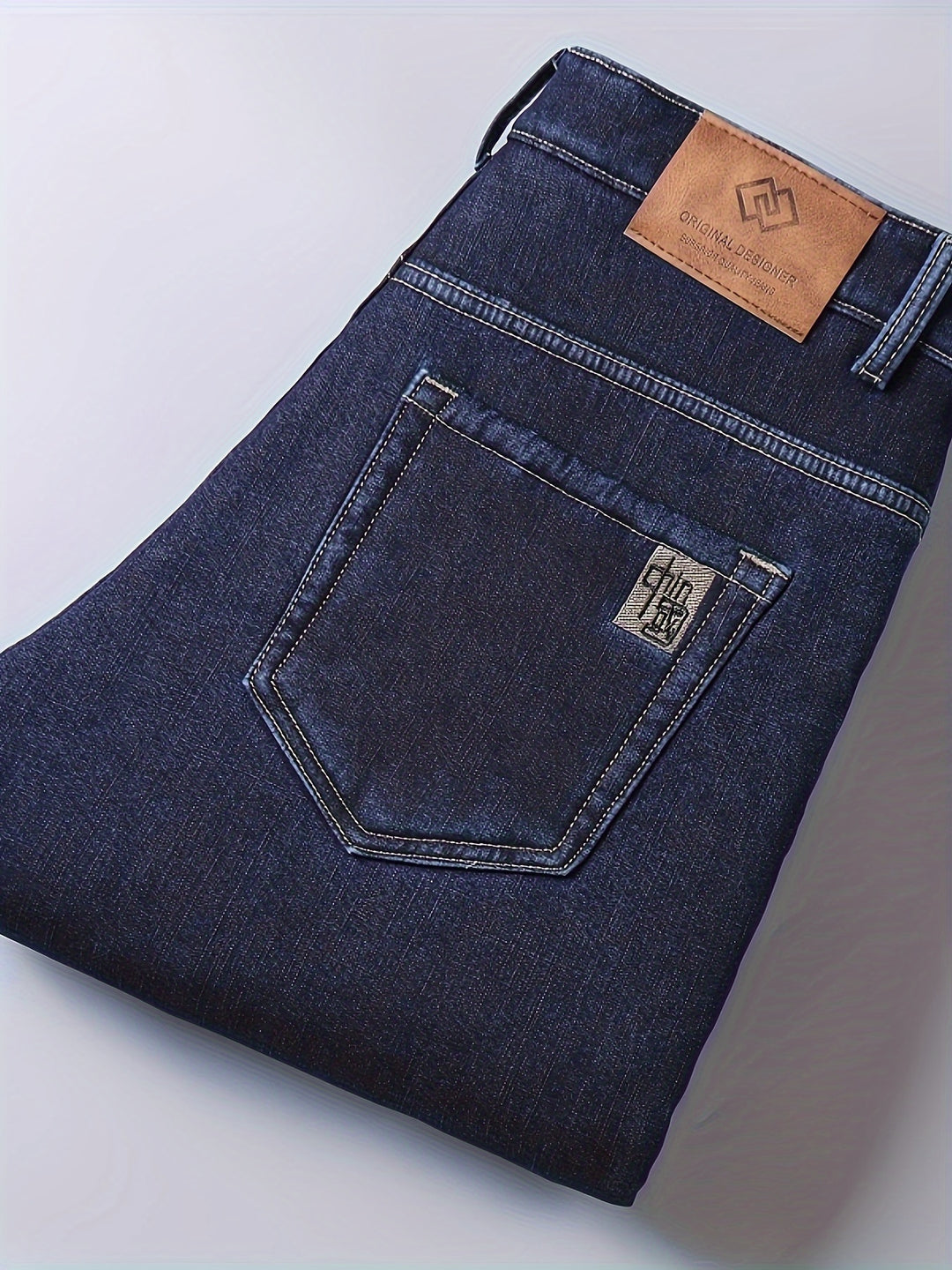 Men's Casual Warm Thick Jeans, Classic Design Stretch Straight Leg Jeans For Business