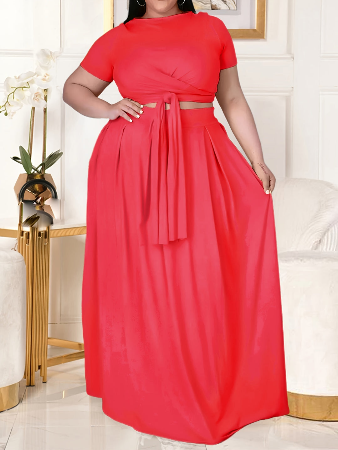 Plus Size Casual Outfits Set, Women's Plus Plain Short Sleeve Crop Top Side Knot & Maxi Skirt Outfits Two Piece Set